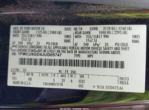 1FMCU9GD4JUD05747 2018 FORD ESCAPE Black Widok komory silnika