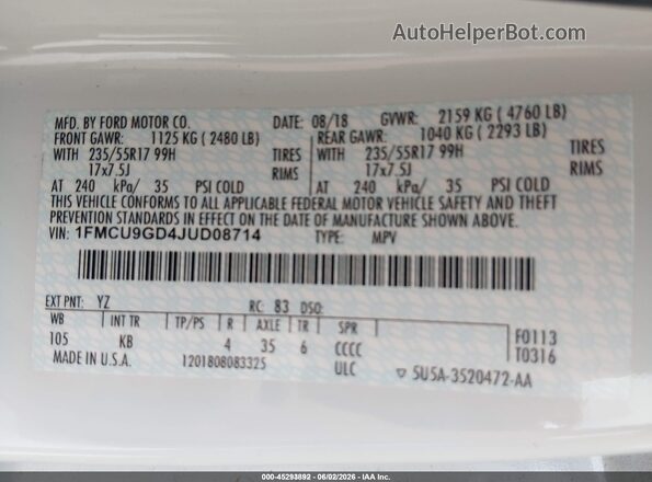 1FMCU9GD4JUD08714 2018 FORD ESCAPE White Engine compartment view