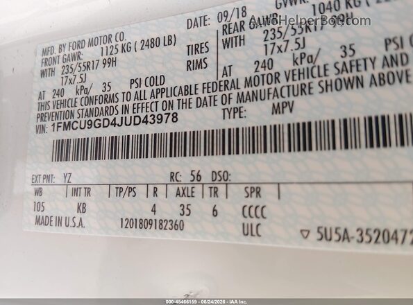 1FMCU9GD4JUD43978 2018 FORD ESCAPE White Engine compartment view
