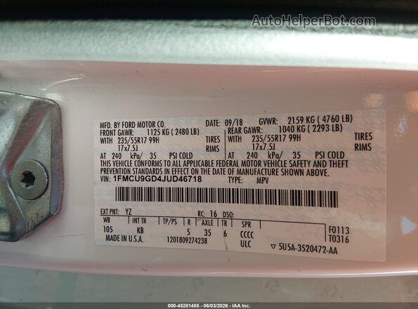 1FMCU9GD4JUD46718 2018 FORD ESCAPE White Вид підкапотного простору
