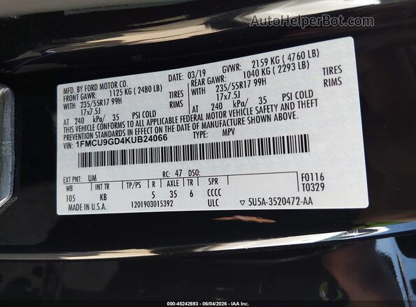 1FMCU9GD4KUB24066 2019 FORD ESCAPE Черный 