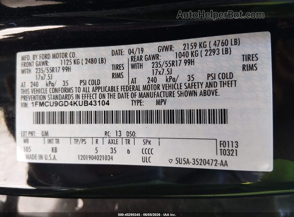 1FMCU9GD4KUB43104 2019 FORD ESCAPE Black Շարժիչի բաժամունքի տեսք
