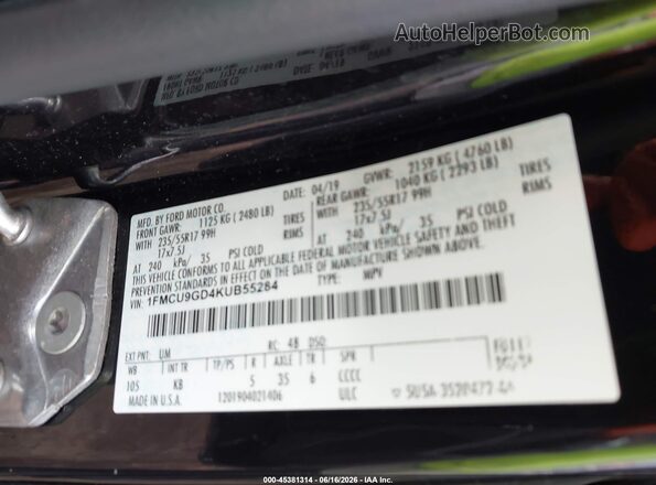1FMCU9GD4KUB55284 2019 FORD ESCAPE Black Вид підкапотного простору
