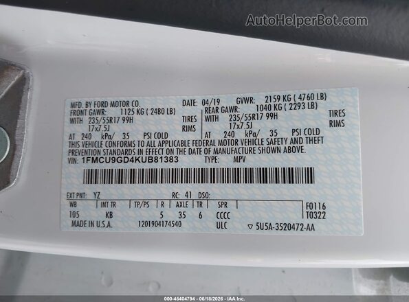 1FMCU9GD4KUB81383 2019 FORD ESCAPE White Vista del compartimento del motor