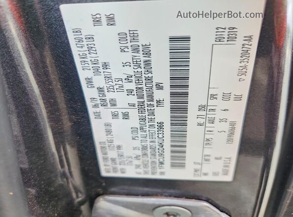 1FMCU9GD4KUC33966 2019 FORD ESCAPE Gray VIN კოდის სტიკერის ხედი