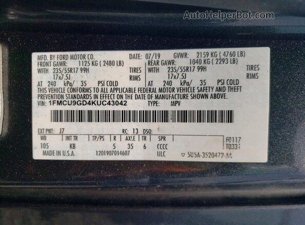 1FMCU9GD4KUC43042 2019 FORD ESCAPE Серый Вид подкапотного пространства