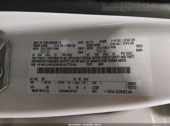 1FMCU9GD5HUA77316 2017 FORD ESCAPE White Engine compartment view