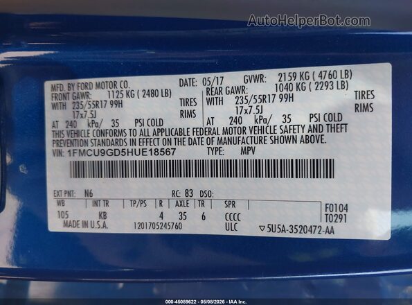 1FMCU9GD5HUE18567 2017 FORD ESCAPE Blue Widok komory silnika