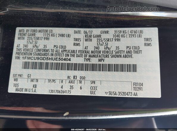 1FMCU9GD5HUE50404 2017 FORD ESCAPE Black Շարժիչի բաժամունքի տեսք