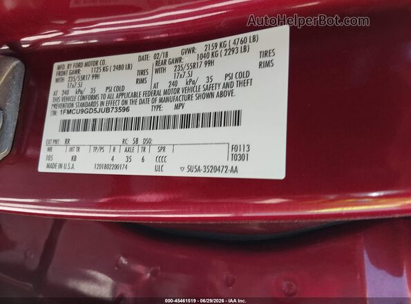 1FMCU9GD5JUB73596 2018 FORD ESCAPE Burgundy Vista del compartimento del motor