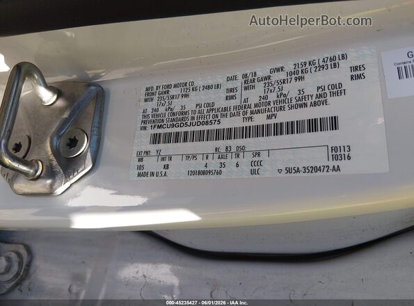 1FMCU9GD5JUD08575 2018 FORD ESCAPE White 