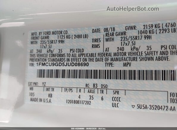 1FMCU9GD5JUD08690 2018 FORD ESCAPE White 