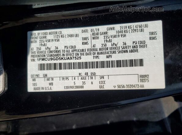 1FMCU9GD5KUA97525 2019 FORD ESCAPE Black VIN sticker view