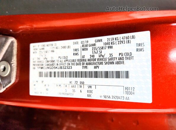1FMCU9GD5KUB32323 2019 FORD ESCAPE Orange ძრავის განყოფილების ხედი