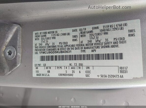 1FMCU9GD5KUB43631 2019 FORD ESCAPE Silver Widok komory silnika