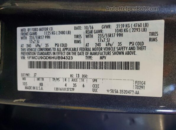 1FMCU9GD6HUB94323 2017 FORD ESCAPE Gray VIN sticker view