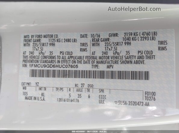 1FMCU9GD6HUC07605 2017 FORD ESCAPE White Widok komory silnika