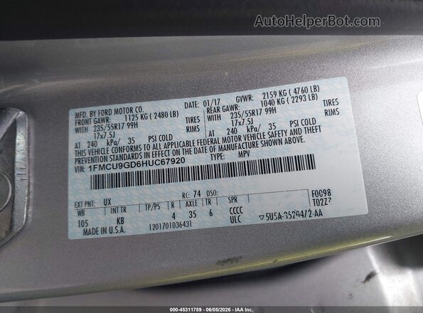 1FMCU9GD6HUC67920 2017 FORD ESCAPE Silver Engine compartment view