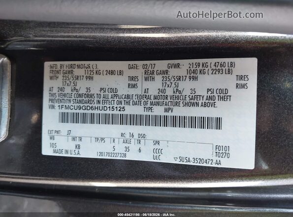 1FMCU9GD6HUD15125 2017 FORD ESCAPE Gray Widok komory silnika