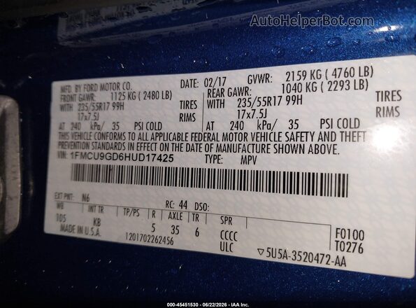 1FMCU9GD6HUD17425 2017 FORD ESCAPE Blue Вид підкапотного простору