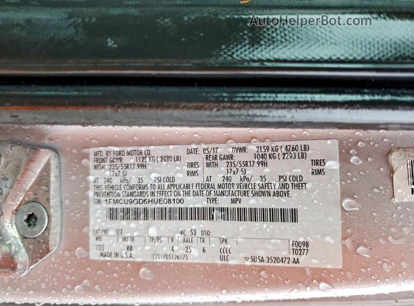 1FMCU9GD6HUE08100 2017 FORD ESCAPE Silver VIN sticker view