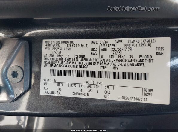 1FMCU9GD6JUB19398 2018 FORD ESCAPE Серый Вид подкапотного пространства