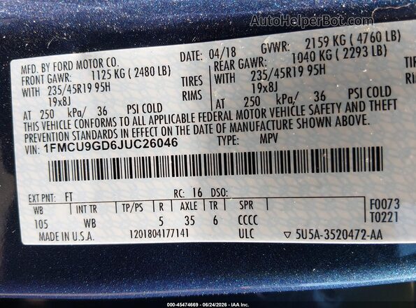 1FMCU9GD6JUC26046 2018 FORD ESCAPE Blue Widok komory silnika