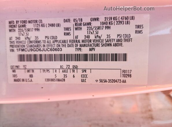 1FMCU9GD6JUC60603 2018 FORD ESCAPE White VIN sticker view