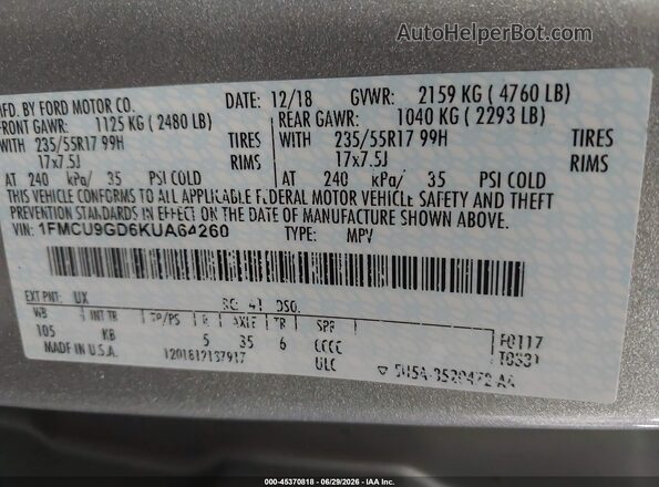 1FMCU9GD6KUA64260 2019 FORD ESCAPE Серебряный Вид подкапотного пространства