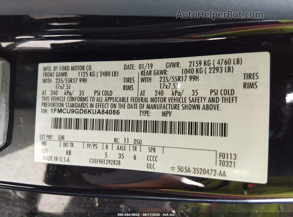 1FMCU9GD6KUA84086 2019 FORD ESCAPE Black Вид підкапотного простору