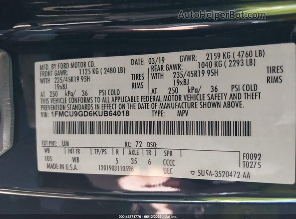 1FMCU9GD6KUB64018 2019 FORD ESCAPE Black Engine compartment view