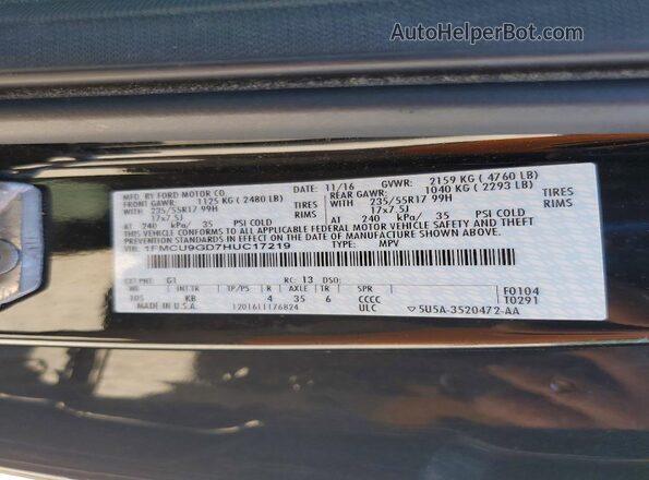 1FMCU9GD7HUC17219 2017 FORD ESCAPE Black VIN კოდის სტიკერის ხედი