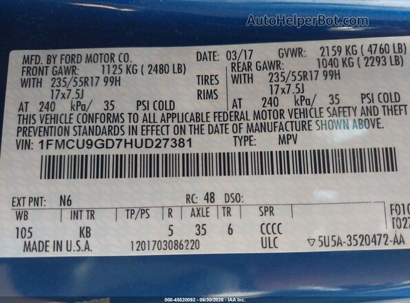 1FMCU9GD7HUD27381 2017 FORD ESCAPE Blue Вид підкапотного простору