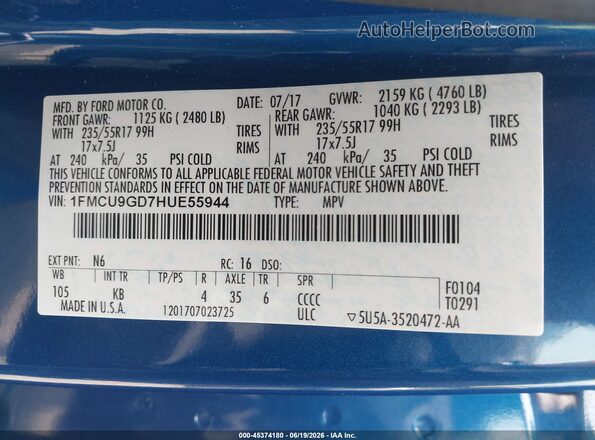 1FMCU9GD7HUE55944 2017 FORD ESCAPE Синий Вид подкапотного пространства