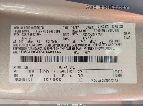 1FMCU9GD7JUA81146 2018 FORD ESCAPE Tan Vista del compartimento del motor