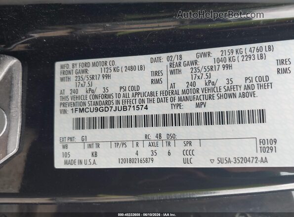 1FMCU9GD7JUB71574 2018 FORD ESCAPE Black Vista del compartimento del motor