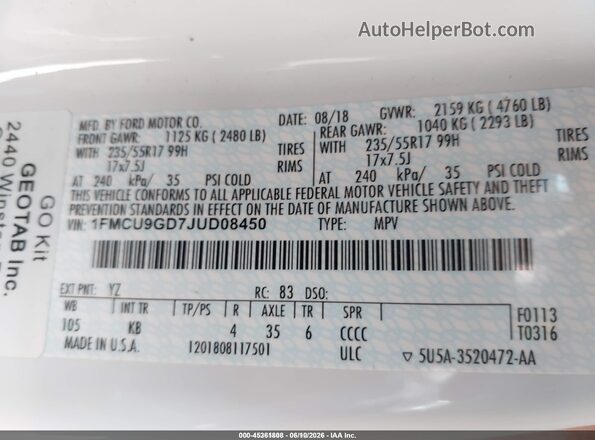 1FMCU9GD7JUD08450 2018 FORD ESCAPE White Շարժիչի բաժամունքի տեսք