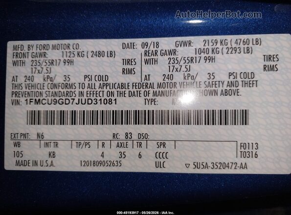 1FMCU9GD7JUD31081 2018 FORD ESCAPE Blue Engine compartment view