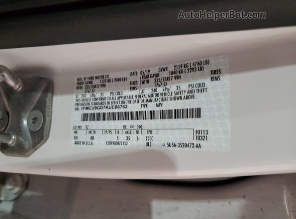 1FMCU9GD7KUC06762 2019 FORD ESCAPE White 
