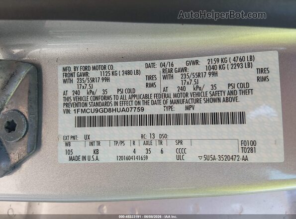 1FMCU9GD8HUA07759 2017 FORD ESCAPE Silver 