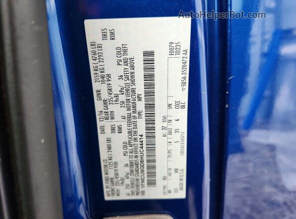 1FMCU9GD8HUC44414 2017 FORD ESCAPE Blue VIN კოდის სტიკერის ხედი