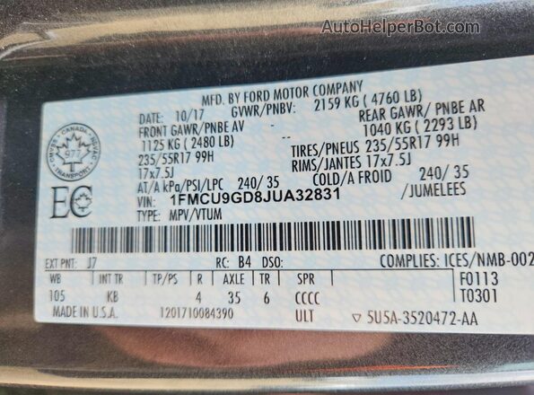 1FMCU9GD8JUA32831 2018 FORD ESCAPE Gray Սալոնի 360 աստիճան տեսք