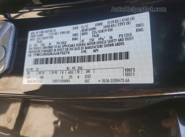 1FMCU9GD8JUA70270 2018 FORD ESCAPE Black VIN sticker view