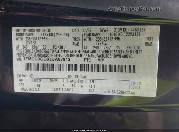 1FMCU9GD8JUA87912 2018 FORD ESCAPE Black 