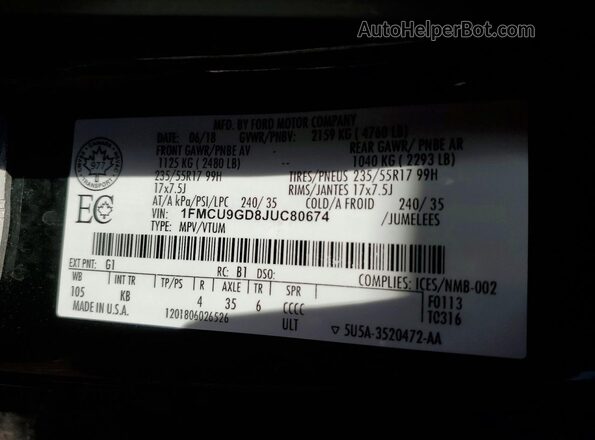 1FMCU9GD8JUC80674 2018 FORD ESCAPE Черный Вид наклейки с VIN-кодом