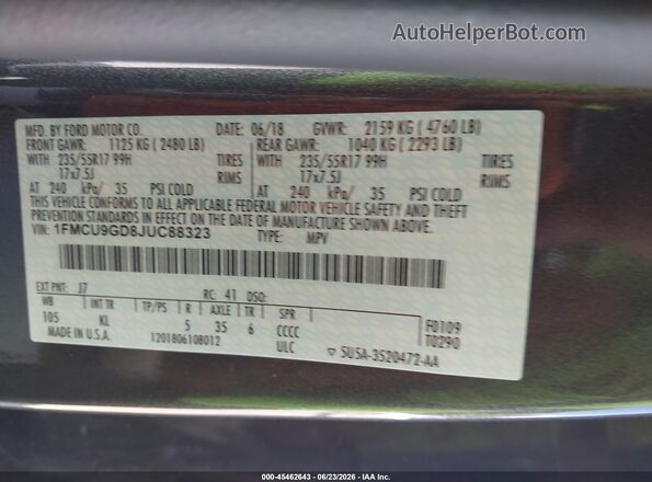 1FMCU9GD8JUC88323 2018 FORD ESCAPE Gray ძრავის განყოფილების ხედი