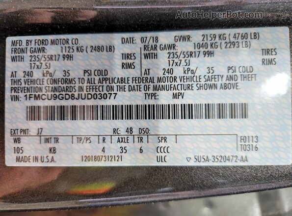 1FMCU9GD8JUD03077 2018 FORD ESCAPE Gray ძრავის განყოფილების ხედი