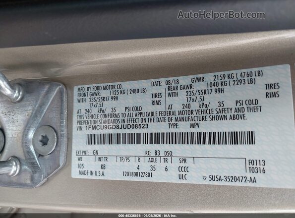 1FMCU9GD8JUD08523 2018 FORD ESCAPE Gold 