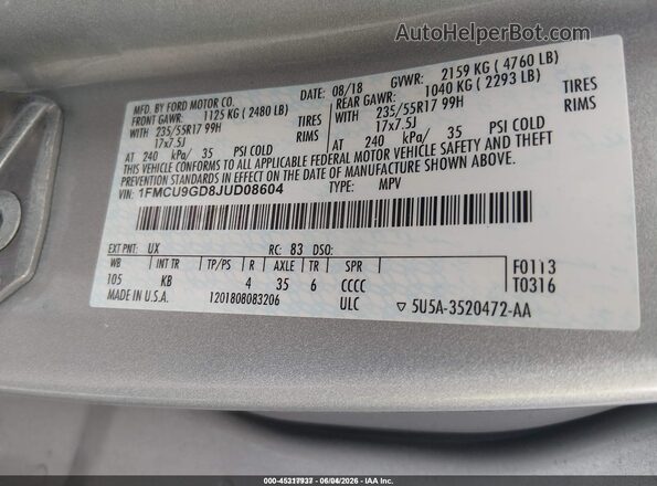 1FMCU9GD8JUD08604 2018 FORD ESCAPE Серебряный Вид подкапотного пространства