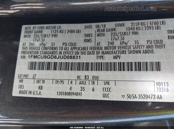 1FMCU9GD8JUD08831 2018 FORD ESCAPE Серый Вид подкапотного пространства